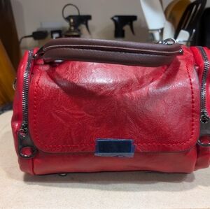 Red Faux Leather Handbag with Brown Accents